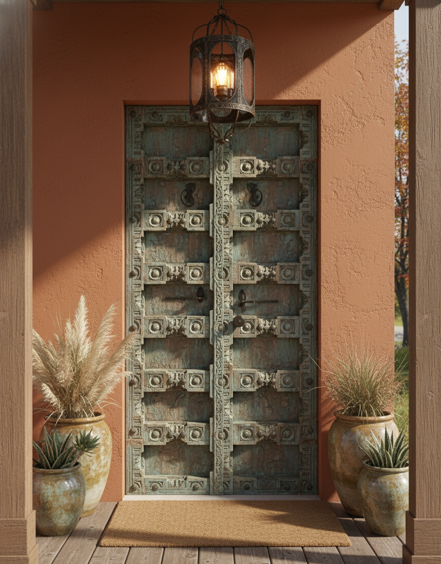 Antique Hand Carved Door Blue Rustic Farmhouse Teak Barn Door 84