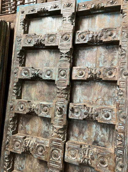 Antique Hand Carved Door Blue Rustic Farmhouse Teak Barn Door 84