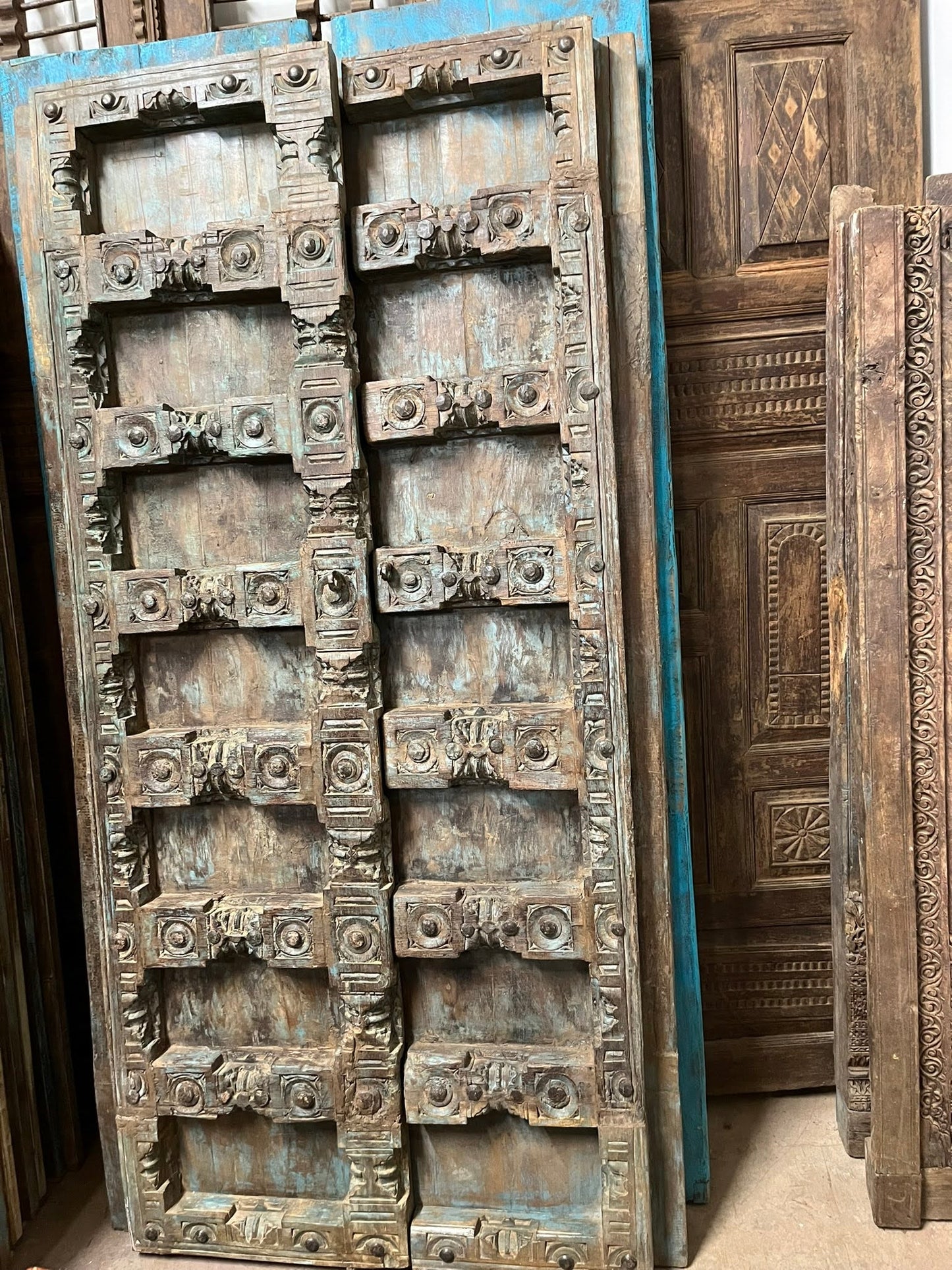 Antique Hand Carved Door Blue Rustic Farmhouse Teak Barn Door 84