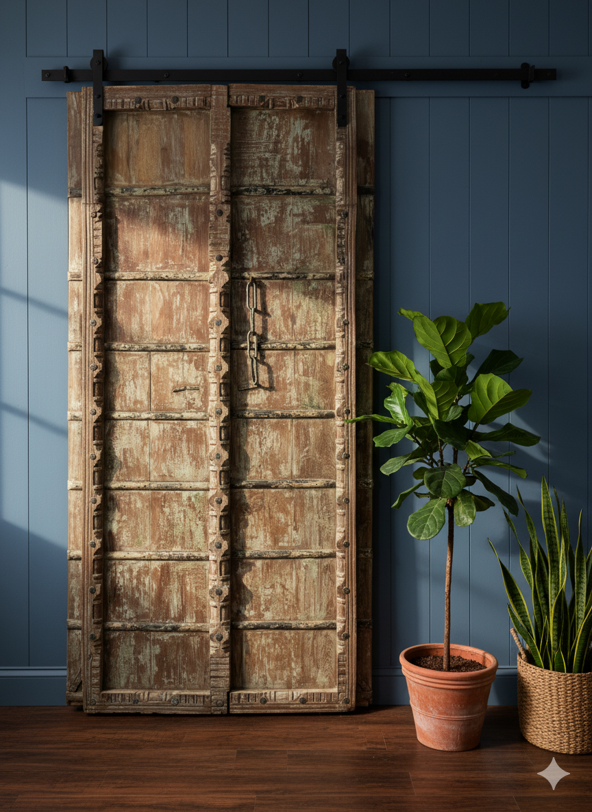 Antique Carved Door Teak Wood Rustic Farmhouse Garden Door 84
