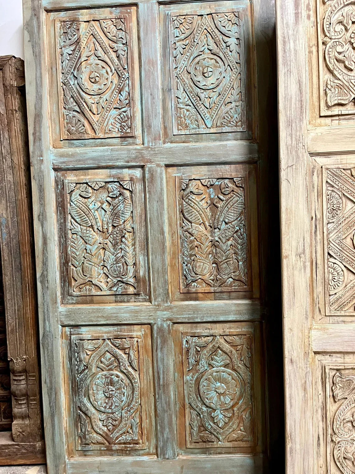 Artistic Carved Vintage Door Blue Floral Rustic Farmhouse Barn Door 96x48
