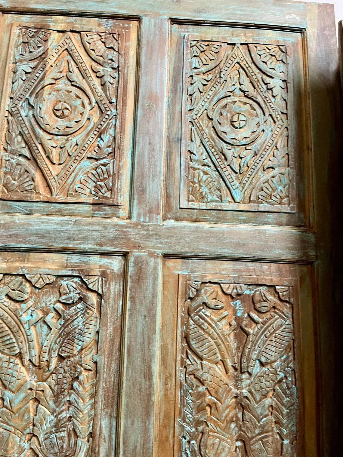 Artistic Carved Vintage Door Blue Floral Rustic Farmhouse Barn Door 96x48