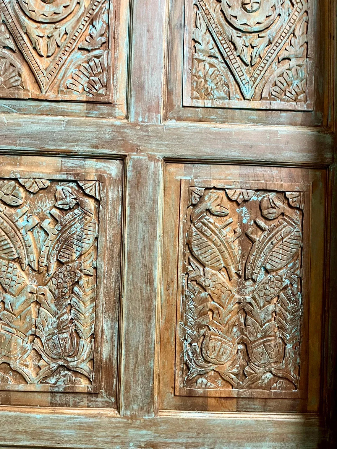 Artistic Carved Vintage Door Blue Floral Rustic Farmhouse Barn Door 96x48