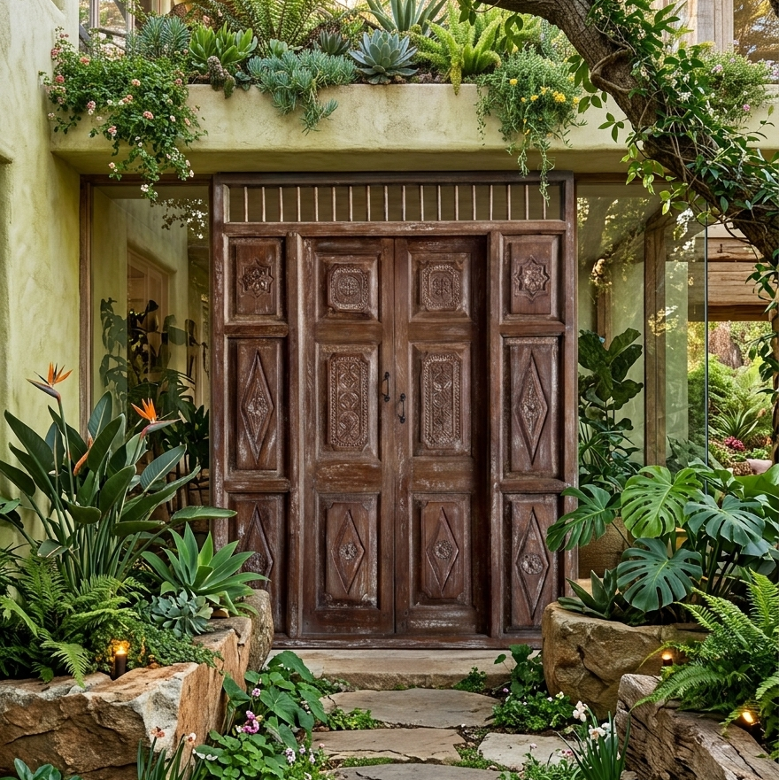 Antique Carved Door Rustic Teak Wood Handcarved Garden Gates 84X59