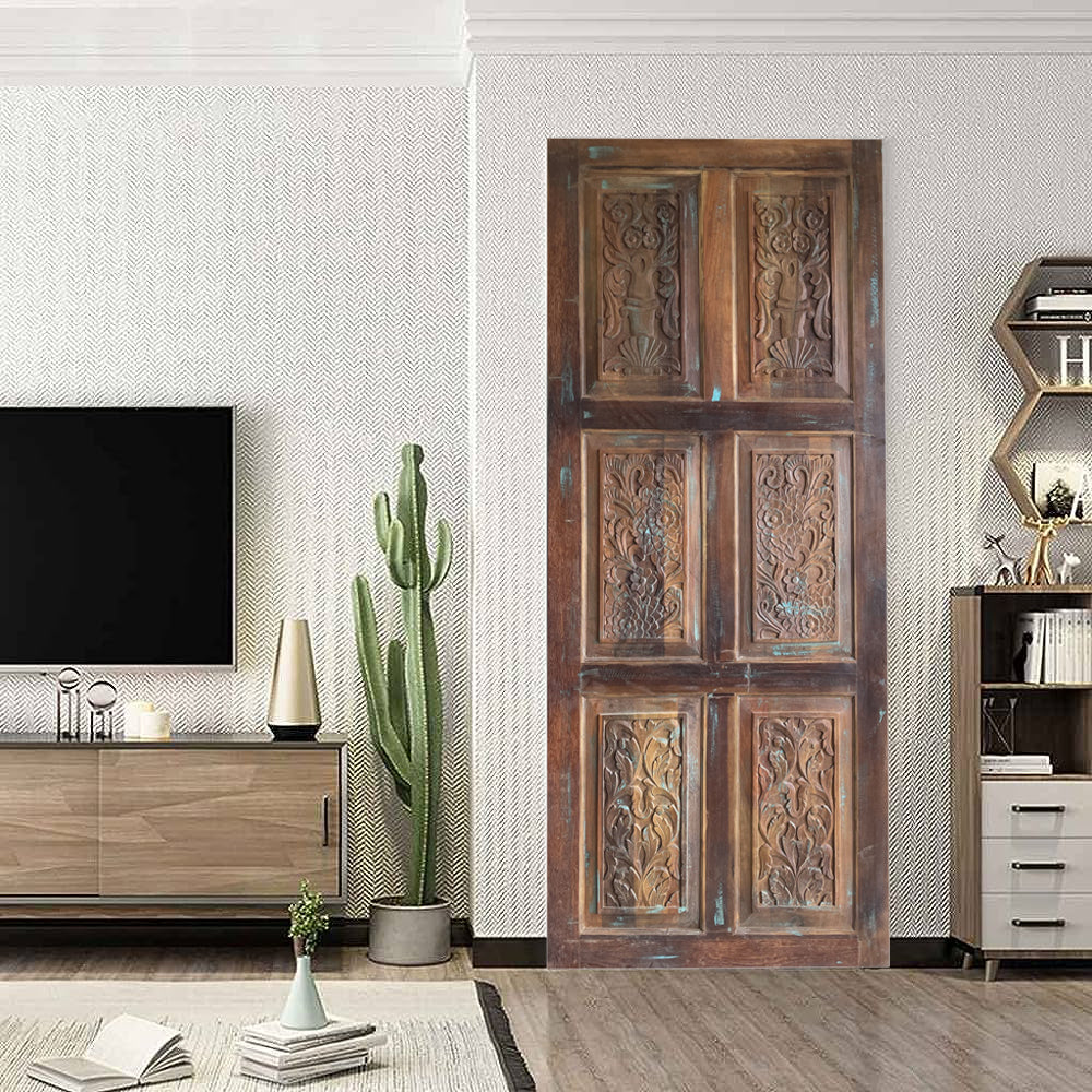 Vintage Carved Floral Barn Door – Rustic 6-Panel Farmhouse Statement Door | Country Decor 84x36