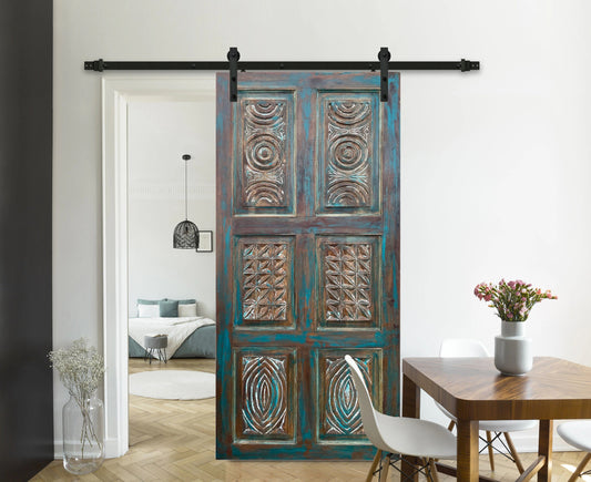 Artisans Carved Wood Barn Door Vintage Blue Closet Door Statement Door 80x36