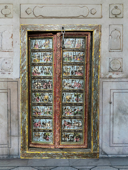 Antique Indian Door Hand Carved Blue Painted Garden Doors 69.5x38