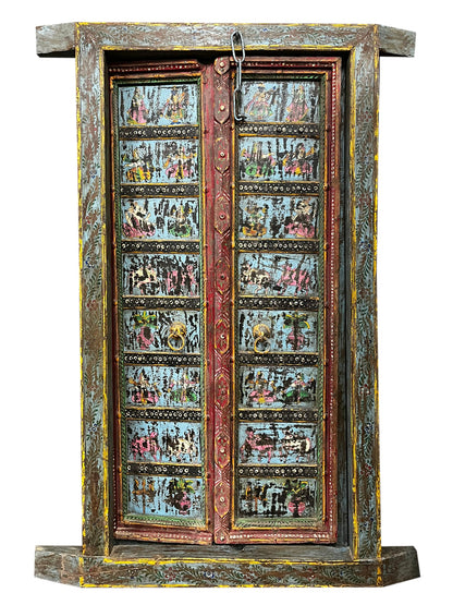 Antique Indian Door Hand Carved Blue Painted Garden Doors 69.5x38
