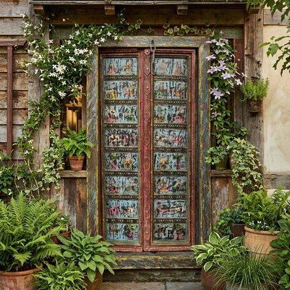 Antique Indian Door Hand Carved Blue Painted Garden Doors 69.5x38