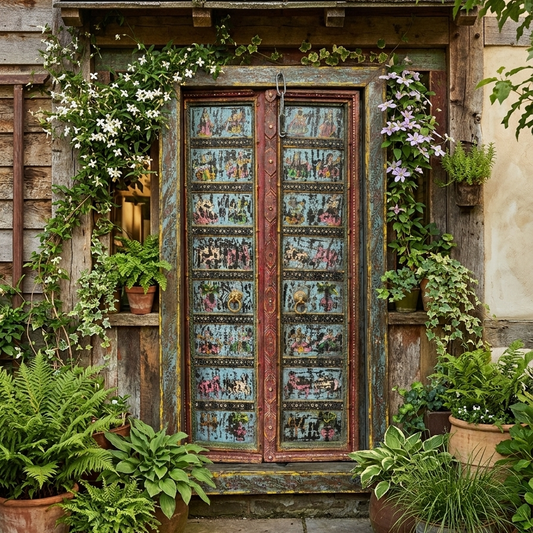 Antique Indian Door Hand Carved Blue Painted Garden Doors 69.5x38