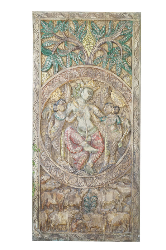 Vintage Krishna Carved Panel Barn Door Colorful Indian Temple Wall Art Decor 72x36
