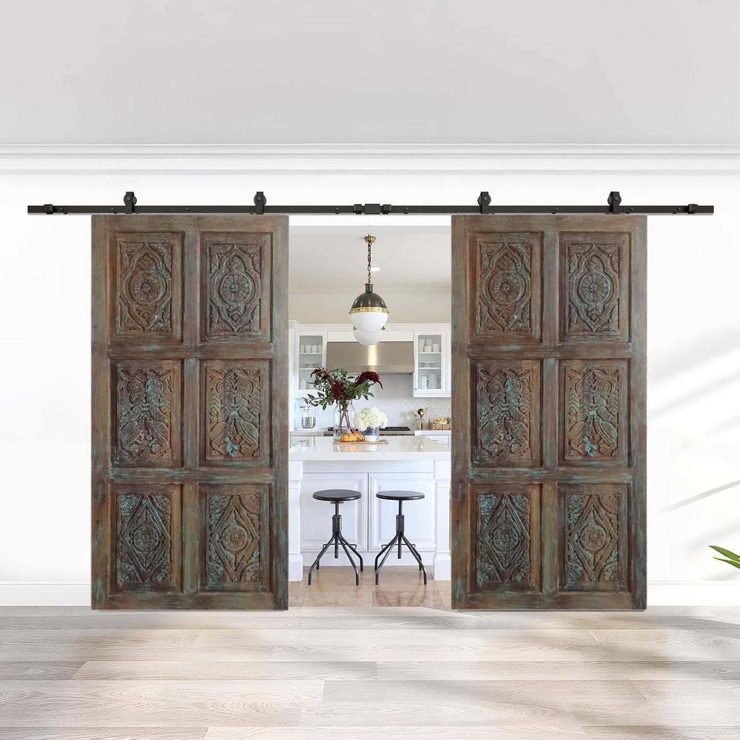 Artistic Carved Vintage Door Blue Floral Rustic Farmhouse Barn Door 96x48