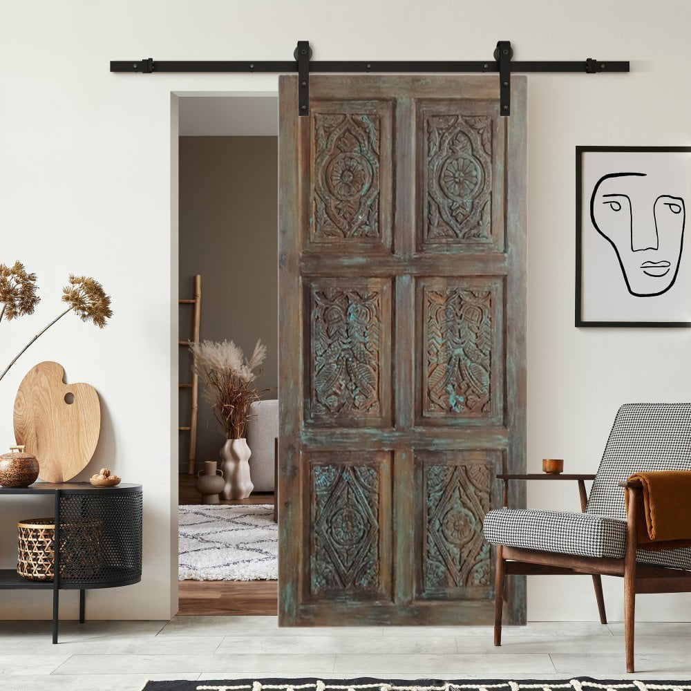 Artistic Carved Vintage Door Blue Floral Rustic Farmhouse Barn Door 96x48