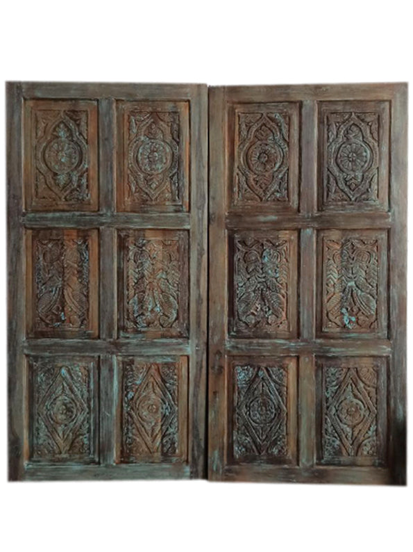 Artistic Carved Vintage Door Blue Floral Rustic Farmhouse Barn Door 96x48