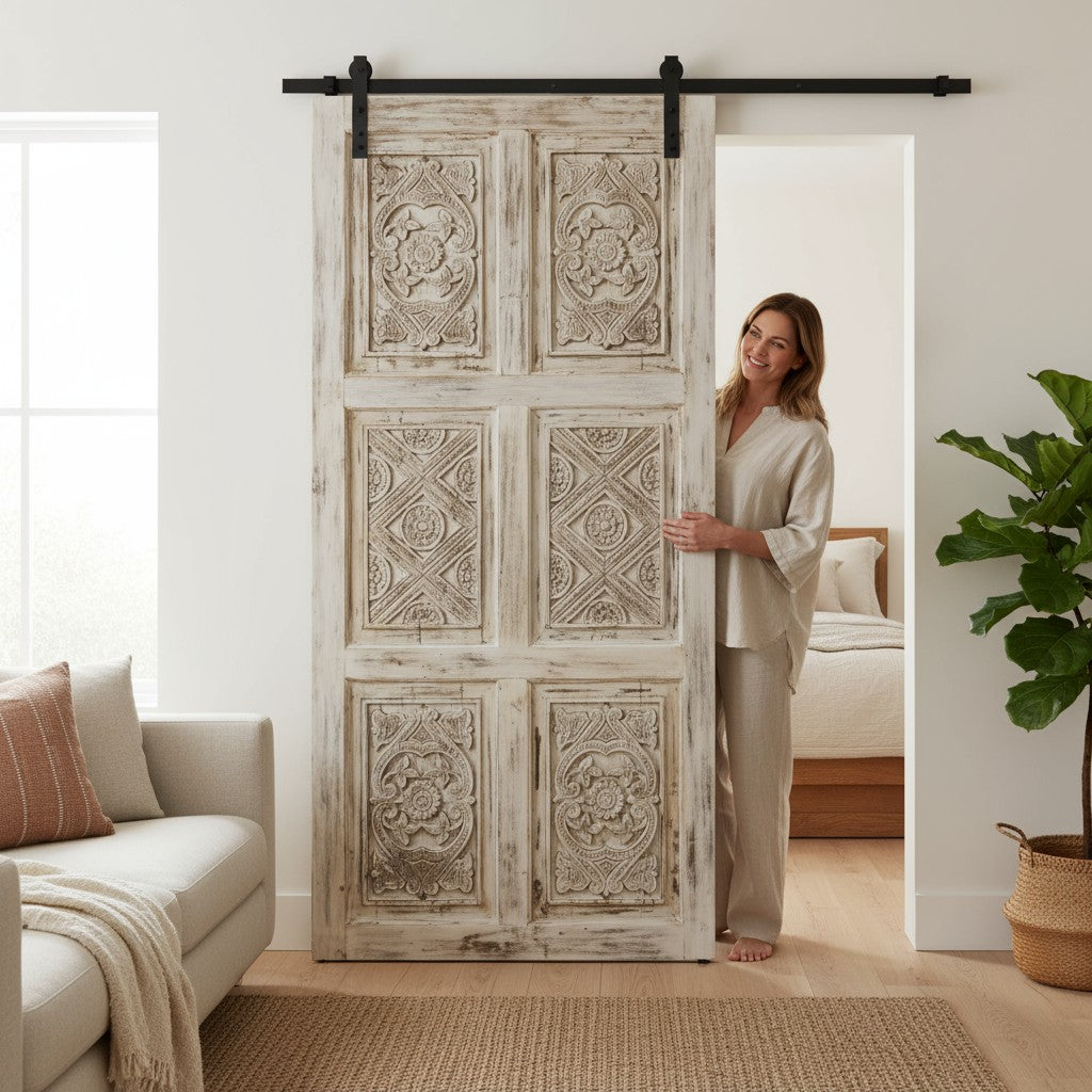 Vintage Carved Barn Door – Whitewash Rustic Reclaimed Farmhouse Door 96x48