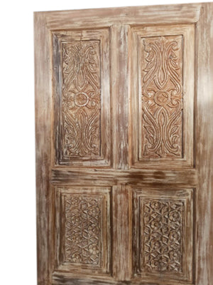 Vintage Carved Door Beige Distress Wood Panel Farmhouse Statement Door 80x36