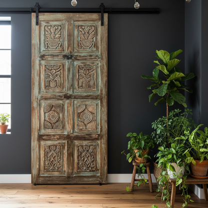 Vintage Artisan Carved Door Green Reclaimed Wood Barn Door Panel 80x36