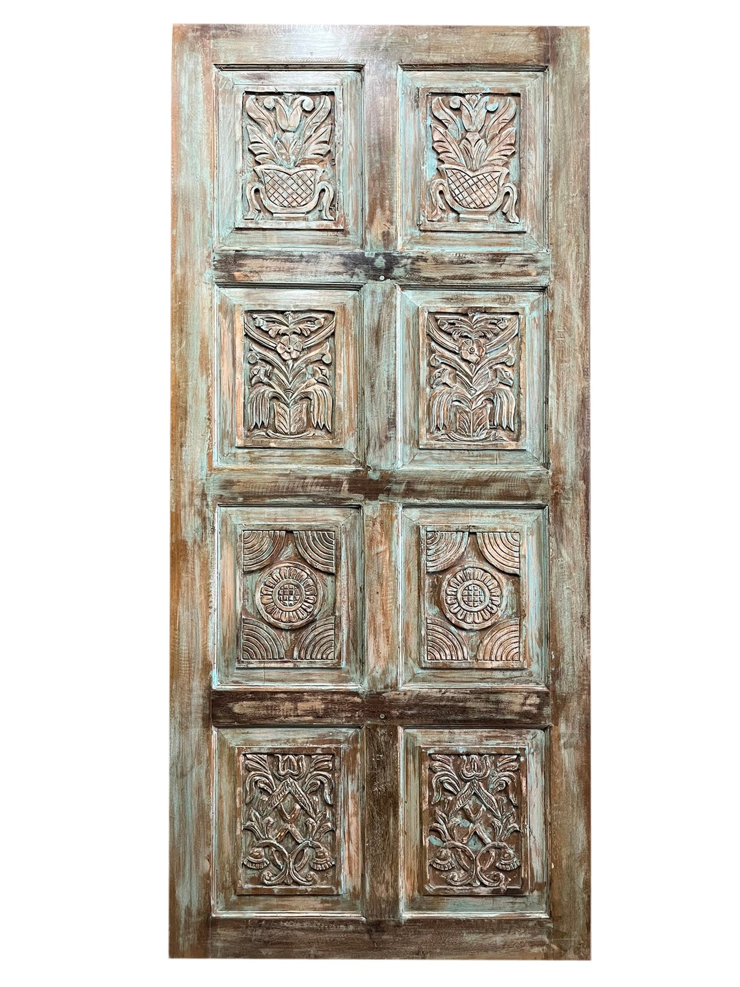 Vintage Artisan Carved Door Green Reclaimed Wood Barn Door Panel 80x36