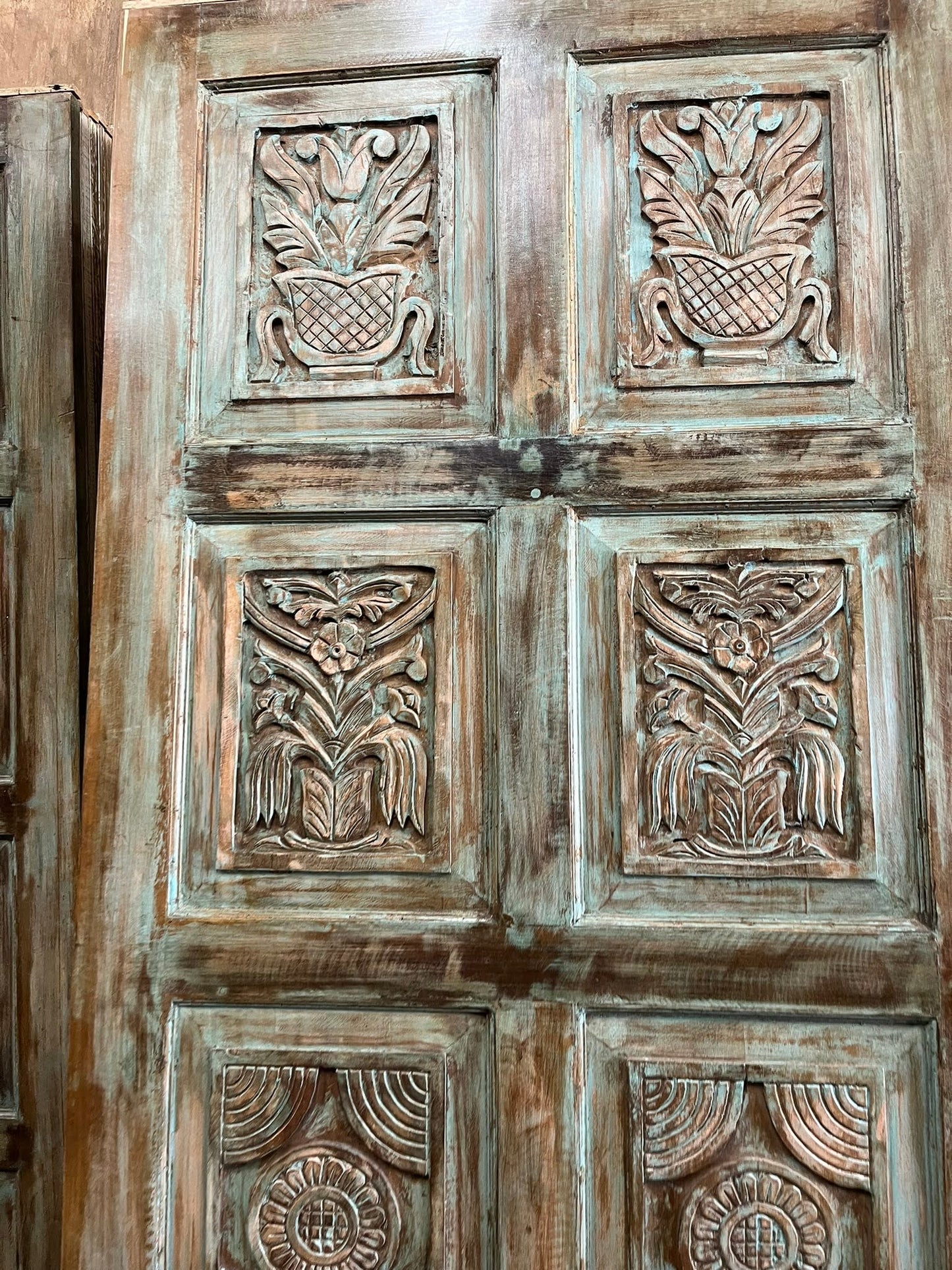 Vintage Artisan Carved Door Green Reclaimed Wood Barn Door Panel 80x36