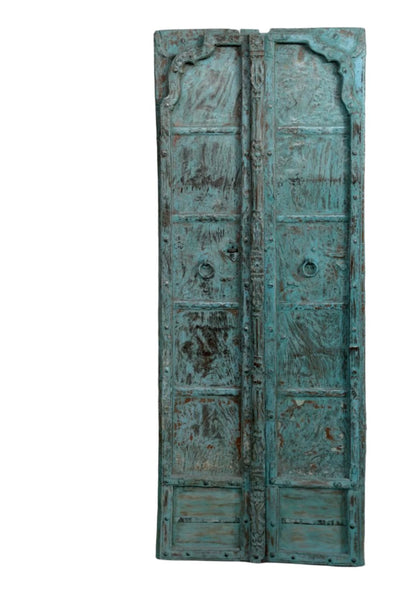 Vintage Indian Teak Wood Double Door Distress Blue Exterior Shutters Door 82