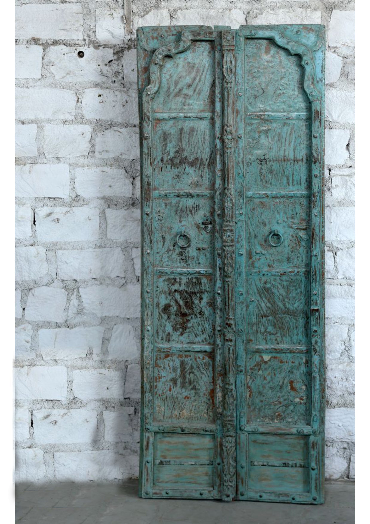 Vintage Indian Teak Wood Double Door Distress Blue Exterior Shutters Door 82