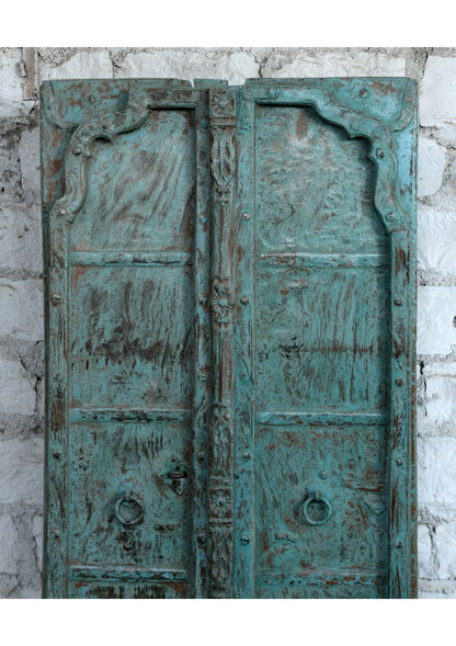 Vintage Indian Teak Wood Double Door Distress Blue Exterior Shutters Door 82