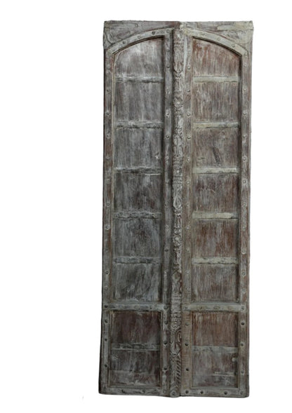Arched Antique Door Teak Wood Rustic White Distressed Double Door Panel 82