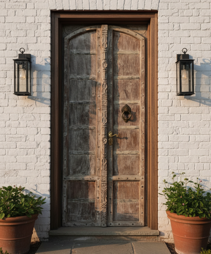 Arched Antique Door Teak Wood Rustic White Distressed Double Door Panel 82