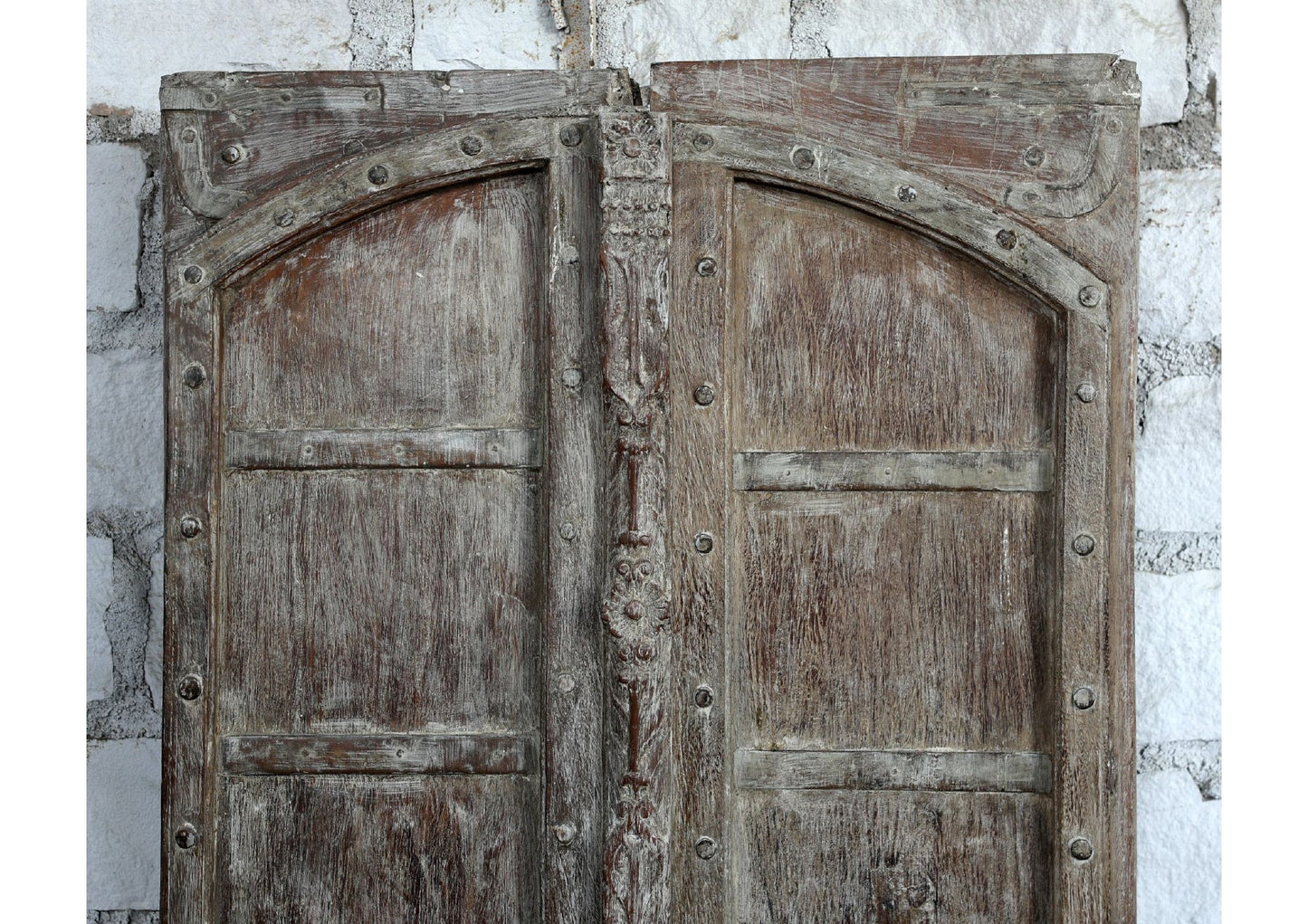 Arched Antique Door Teak Wood Rustic White Distressed Double Door Panel 82