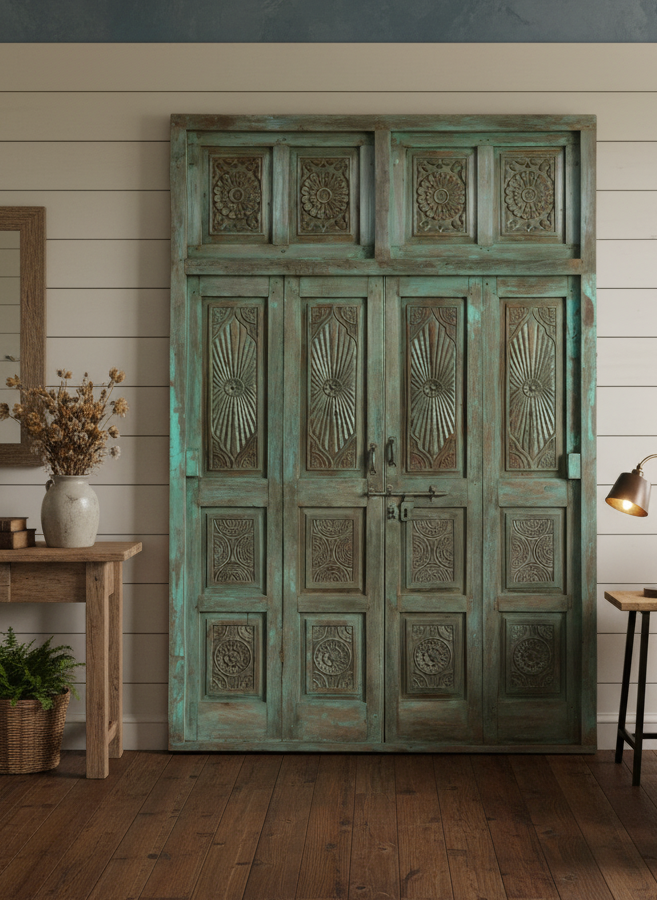Antique Green Carved Door Teak Wood Double Door Hinged Garden Door 98x69