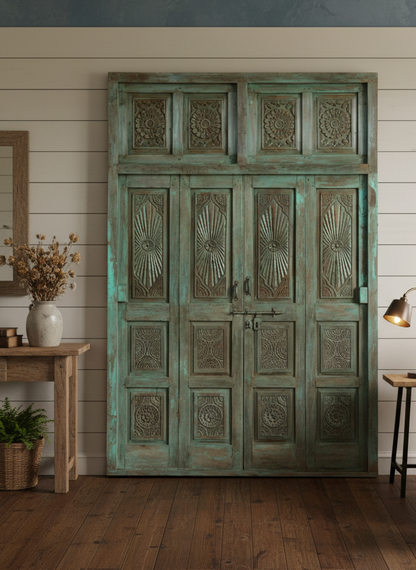 Antique Green Carved Door Teak Wood Double Door Hinged Garden Door 98x69