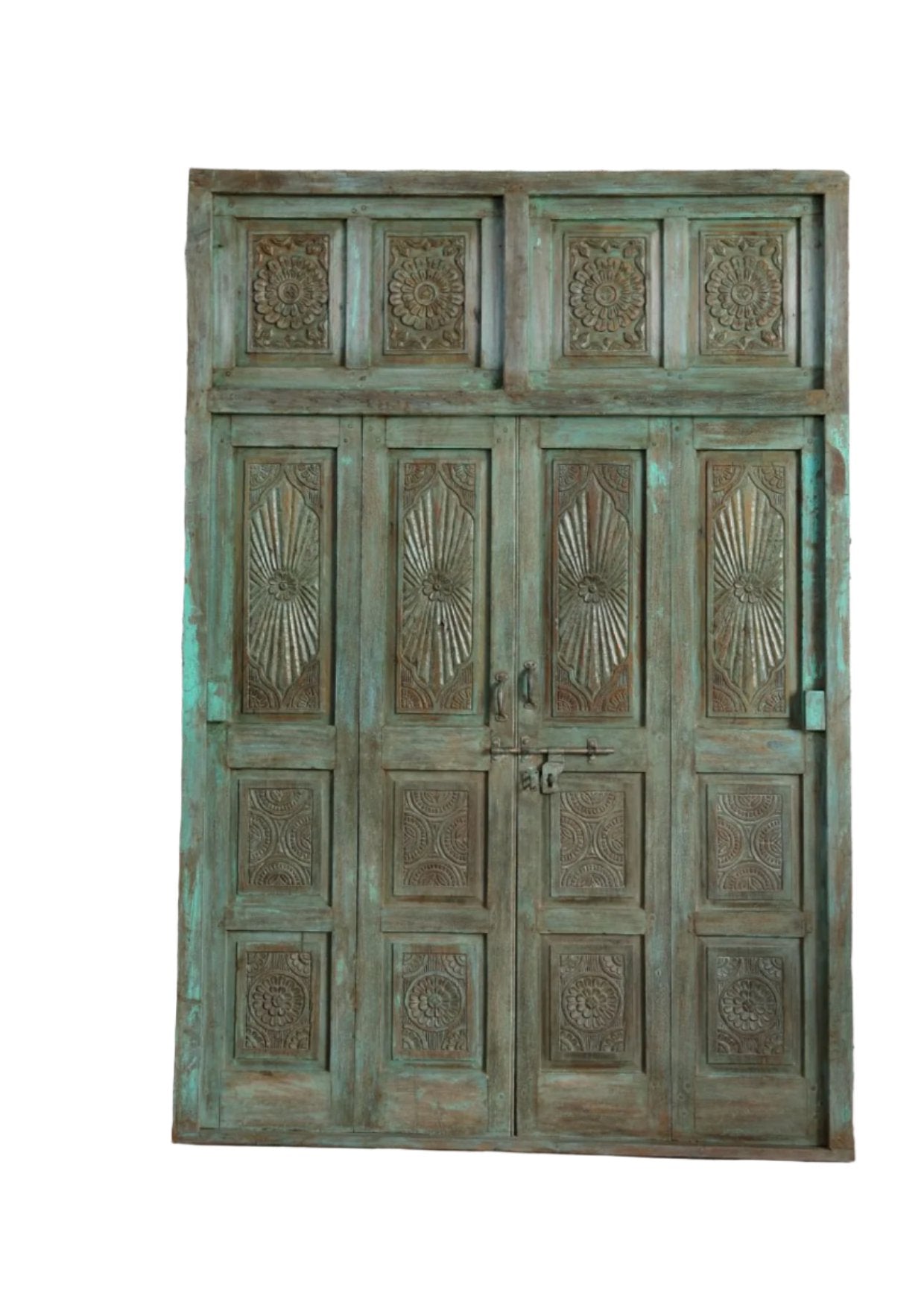 Antique Green Carved Door Teak Wood Double Door Hinged Garden Door 98x69