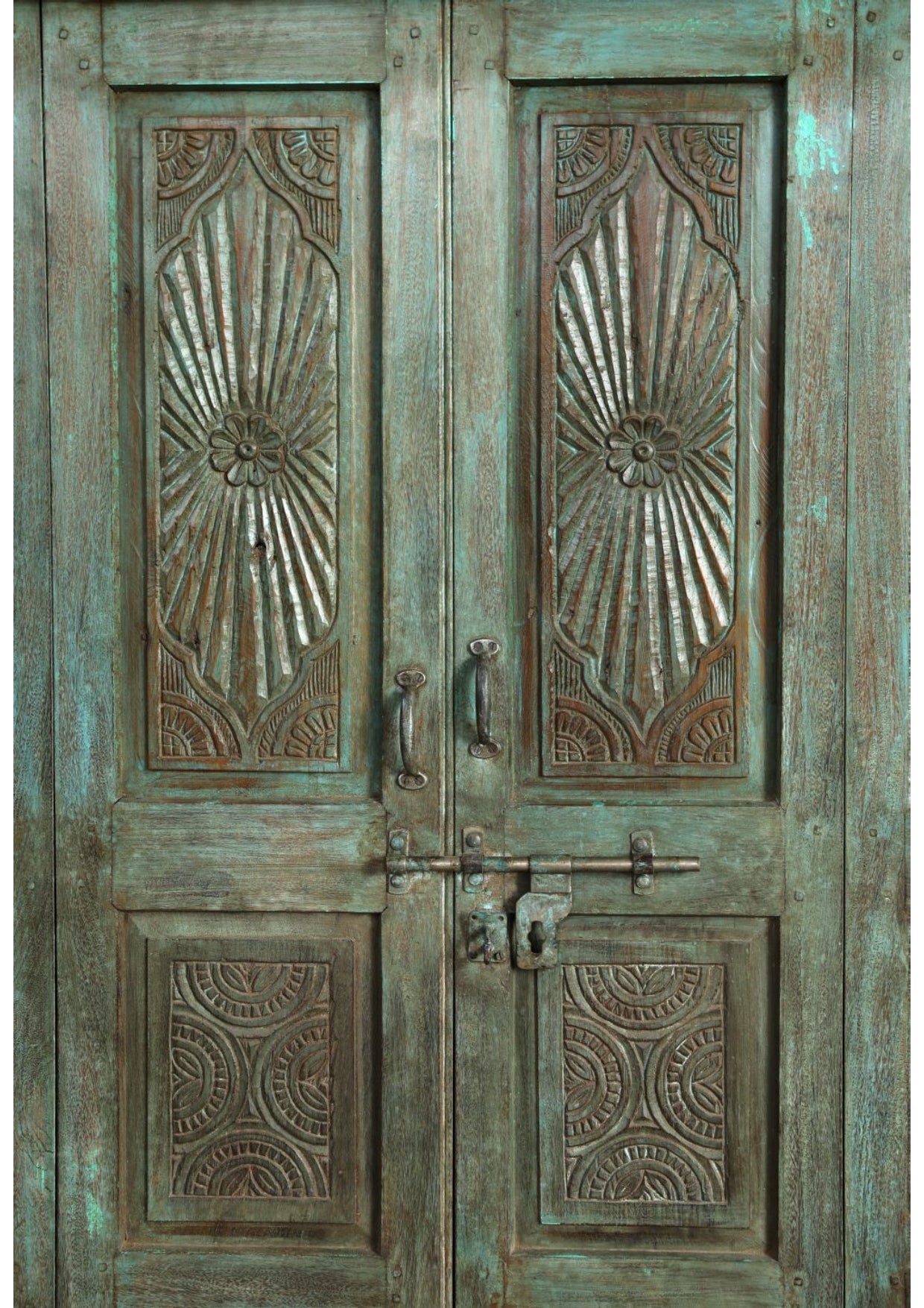 Antique Green Carved Door Teak Wood Double Door Hinged Garden Door 98x69