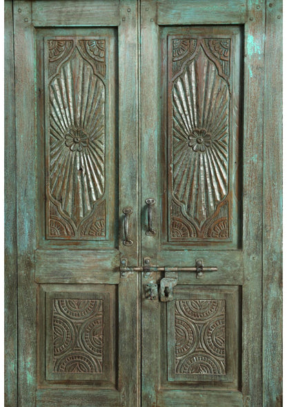 Antique Green Carved Door Teak Wood Double Door Hinged Garden Door 98x69