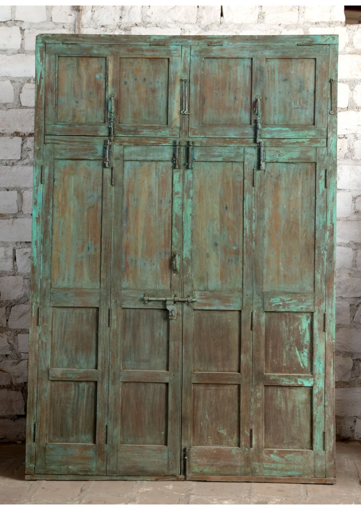 Antique Green Carved Door Teak Wood Double Door Hinged Garden Door 98x69