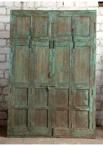 Antique Green Carved Door Teak Wood Double Door Hinged Garden Door 98x69
