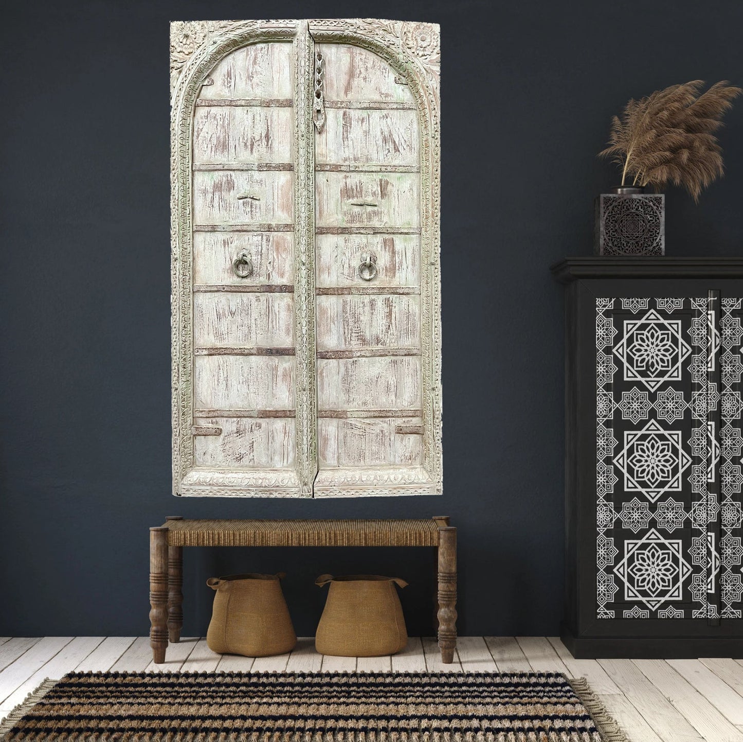 Antique Indian Terrace Window Jharokha Distressed Green Wall Decor 62x37