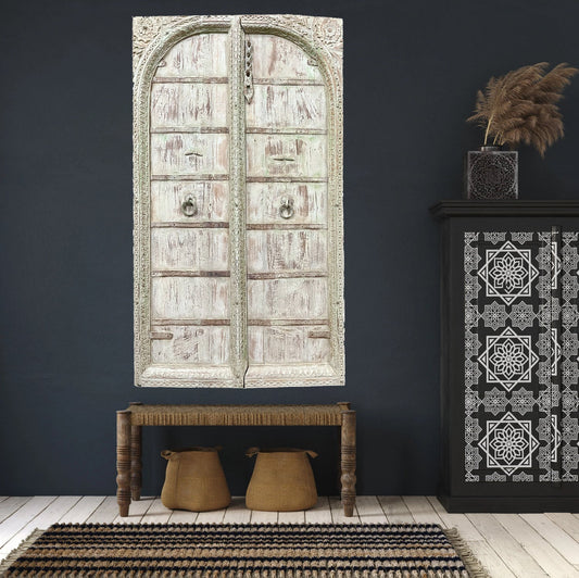 Antique Indian Terrace Window Jharokha Distressed Green Wall Decor 62x37