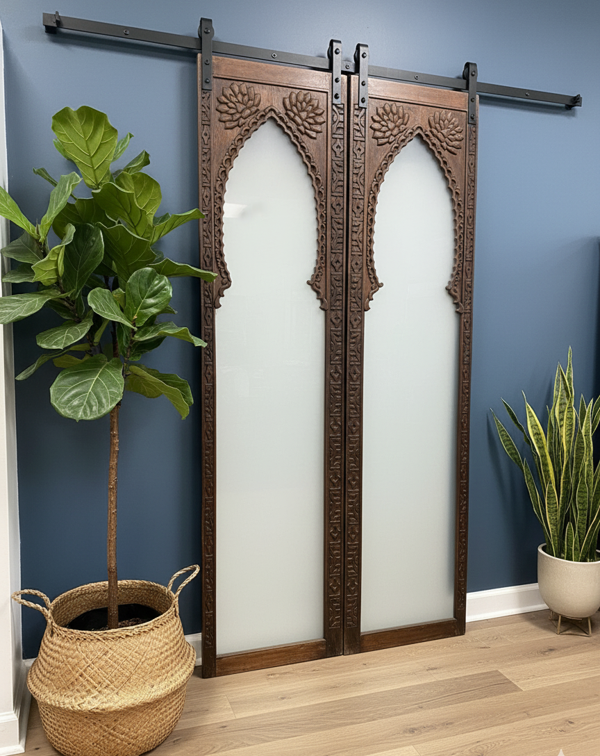 Vintage Hand Carved Arch Door Frosted Glass Farmhouse Doors 96x48