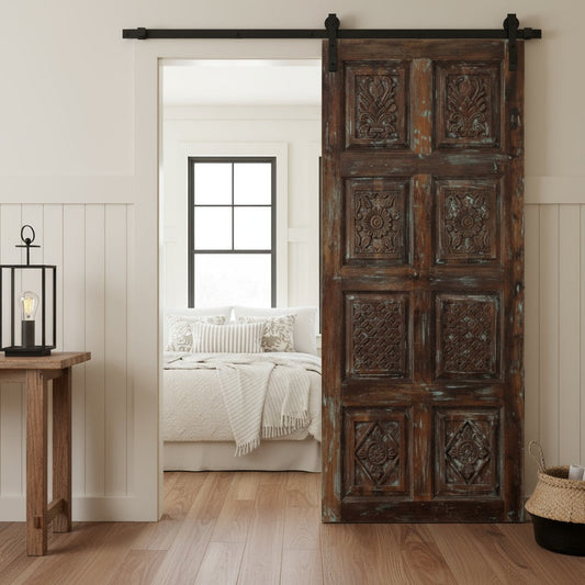 Vintage Distressed Carved Door Reclaimed Wood Barn Door 80x36