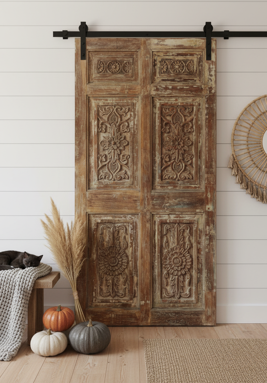 Decorative Vintage Carved Door Teak Wood Pantry Rustic Barndoor 80x39.5