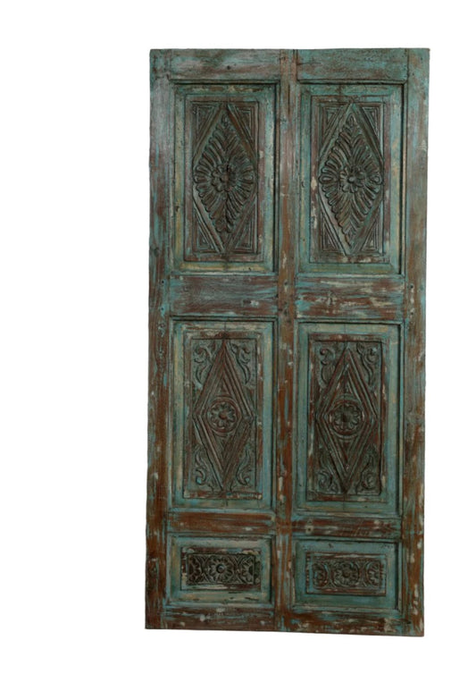 Vintage Carved Door Distressed Blue Rustic Farmhouse Closet Barn Door 80x38
