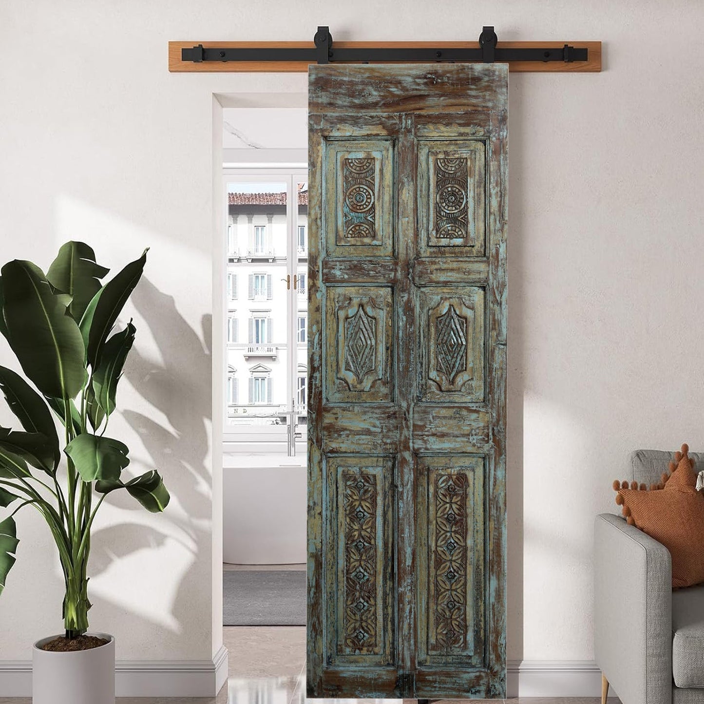 Vintage Carved Single Door Wooden Green Hues Sliding Barndoor 80x26