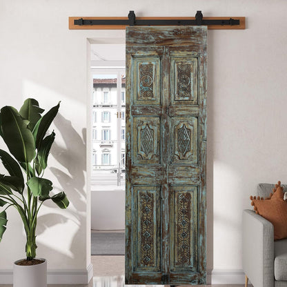 Vintage Carved Single Door Wooden Green Hues Sliding Barndoor 80x26
