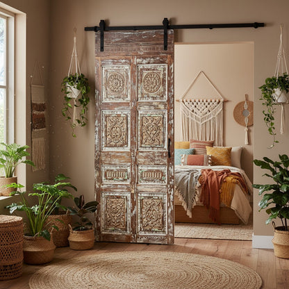 Vintage Statement Carved Door Rustic Distressed Single Barndoor 80x35