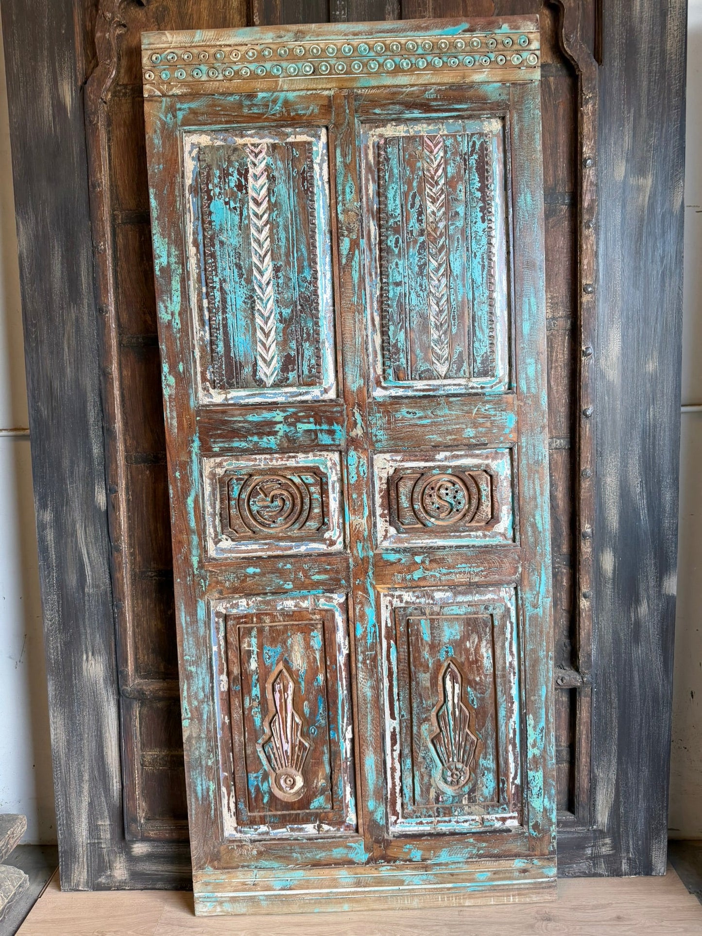 Antique Carved Door Rustic Farmhouse Blue Vintage Barn Door 80x34.5