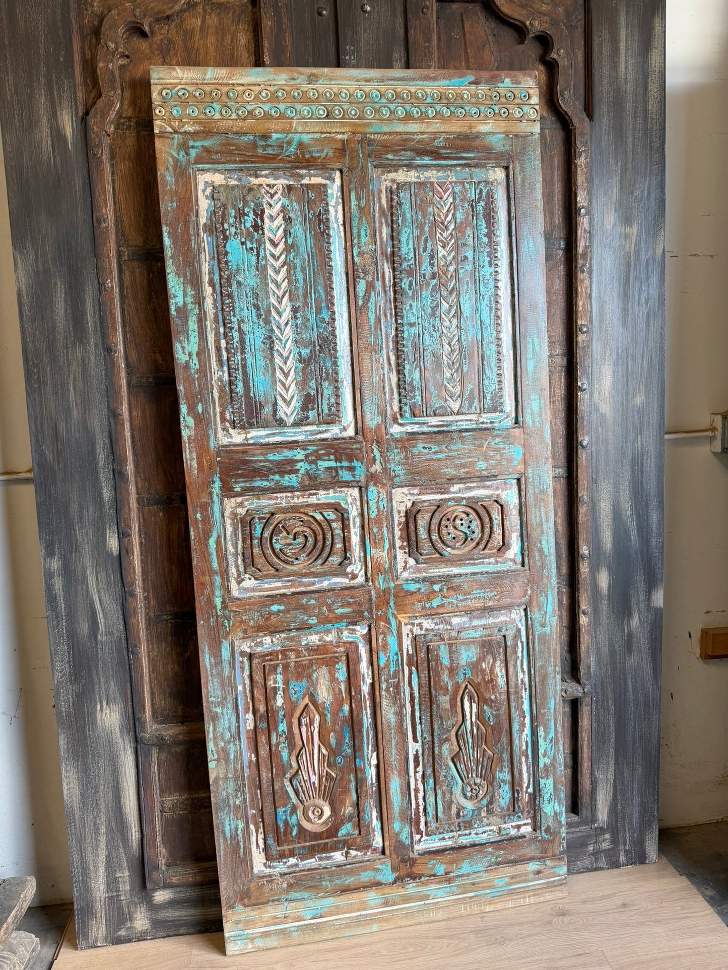 Antique Carved Door Rustic Farmhouse Blue Vintage Barn Door 80x34.5