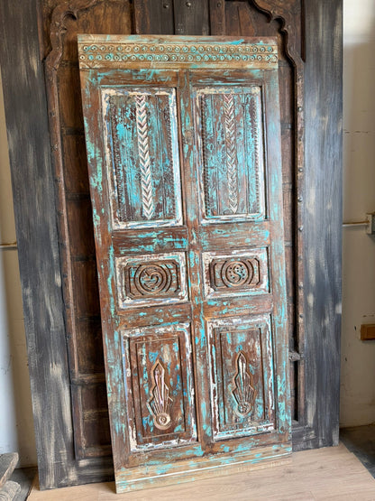 Antique Carved Door Rustic Farmhouse Blue Vintage Barn Door 80x34.5