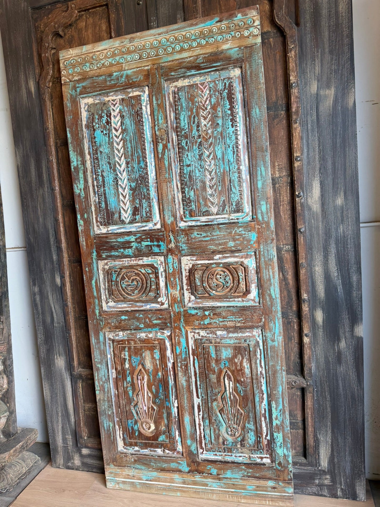 Antique Carved Door Rustic Farmhouse Blue Vintage Barn Door 80x34.5