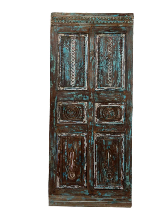 Antique Carved Door Rustic Farmhouse Blue Vintage Barn Door 80x34.5